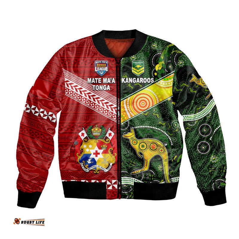 Custom Personalised Mate Ma'a Tonga Ngatu And Australia Kangaroos Aboriginal Bomber Jacket Rugby Together