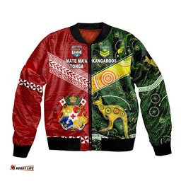 Custom Personalised Mate Ma'a Tonga Ngatu And Australia Kangaroos Aboriginal Bomber Jacket Rugby Together