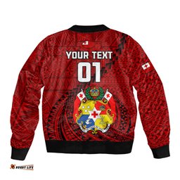 Custom Tonga Rugby Sleeve Zip Bomber Jacket Tongan Ngatu Pattern Black Version