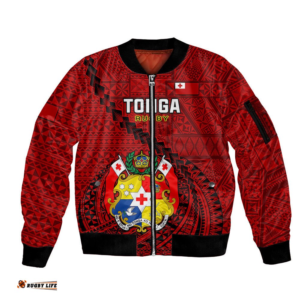 Custom Tonga Rugby Sleeve Zip Bomber Jacket Tongan Ngatu Pattern Black Version