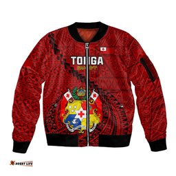 Custom Tonga Rugby Sleeve Zip Bomber Jacket Tongan Ngatu Pattern Black Version