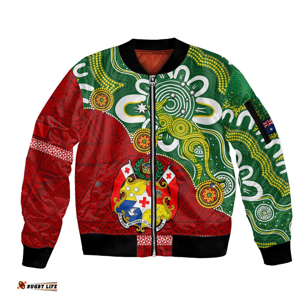 Personalised Australia And Tonga Sleeve Zip Bomber Jacket Aboriginal Mix Tongan Ngatu Unique Style
