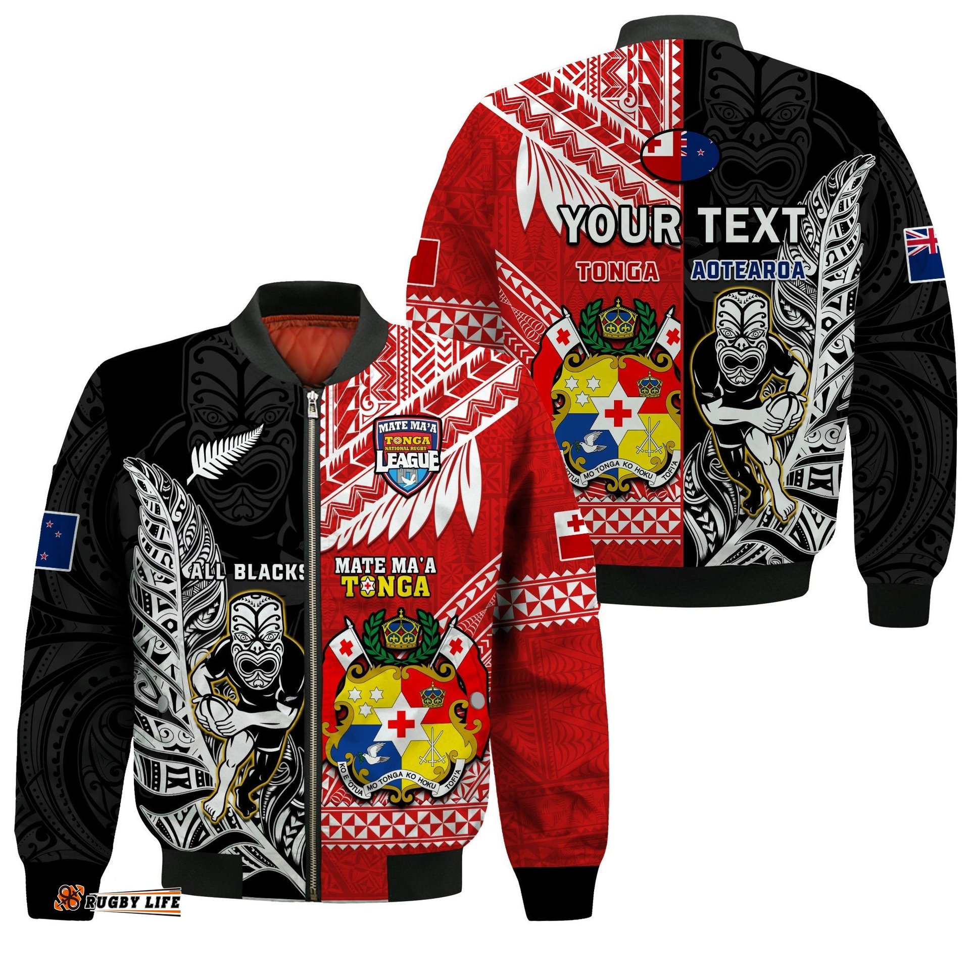 Custom Personalised Mate Maa Tonga And All Black Rugby Bomber Jacket Polynesian Mix NZ Maori Fern