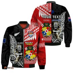Custom Personalised Mate Maa Tonga And All Black Rugby Bomber Jacket Polynesian Mix NZ Maori Fern