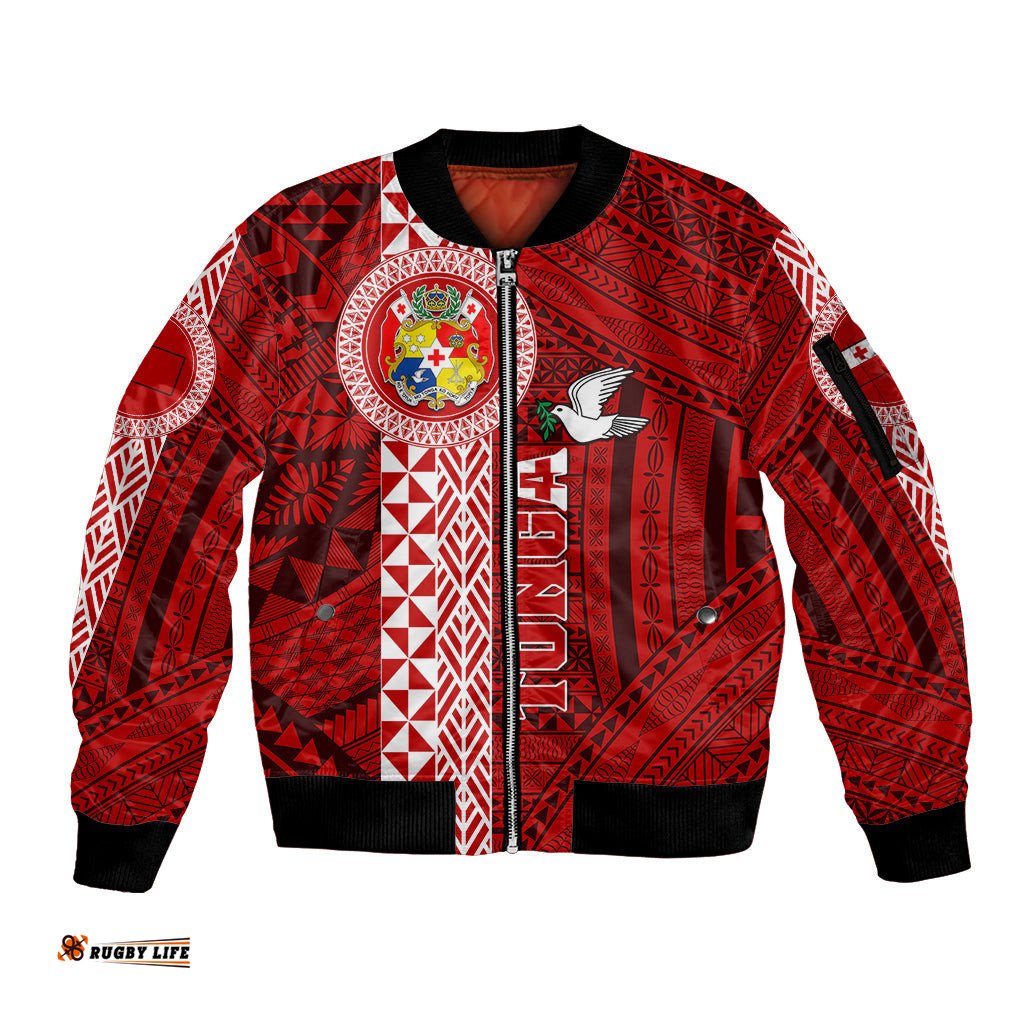 Custom Tonga Rugby Sleeve Zip Bomber Jacket World Cup 2023 Coat Of Arms Ngatu Pattern
