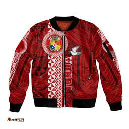 Custom Tonga Rugby Sleeve Zip Bomber Jacket World Cup 2023 Coat Of Arms Ngatu Pattern