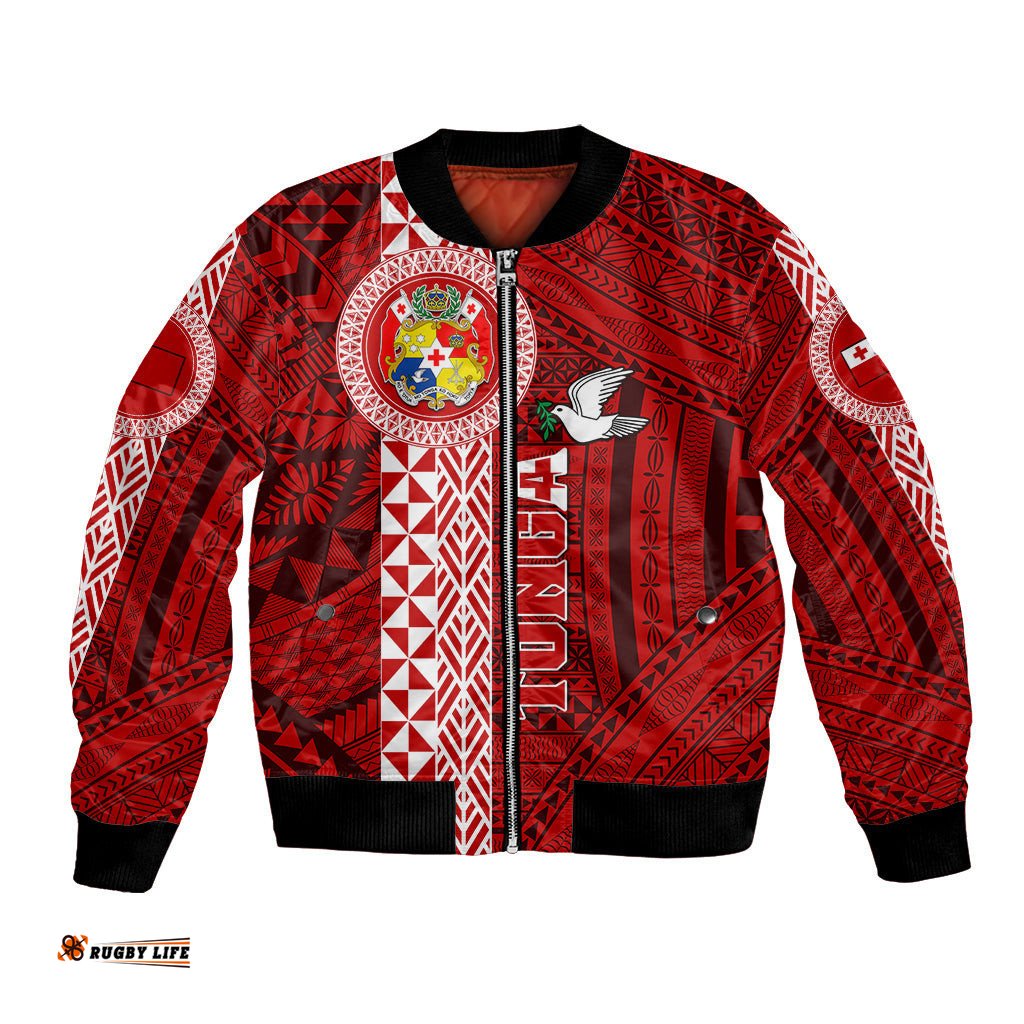 Custom Tonga Rugby Bomber Jacket World Cup 2023 Coat Of Arms Ngatu Pattern