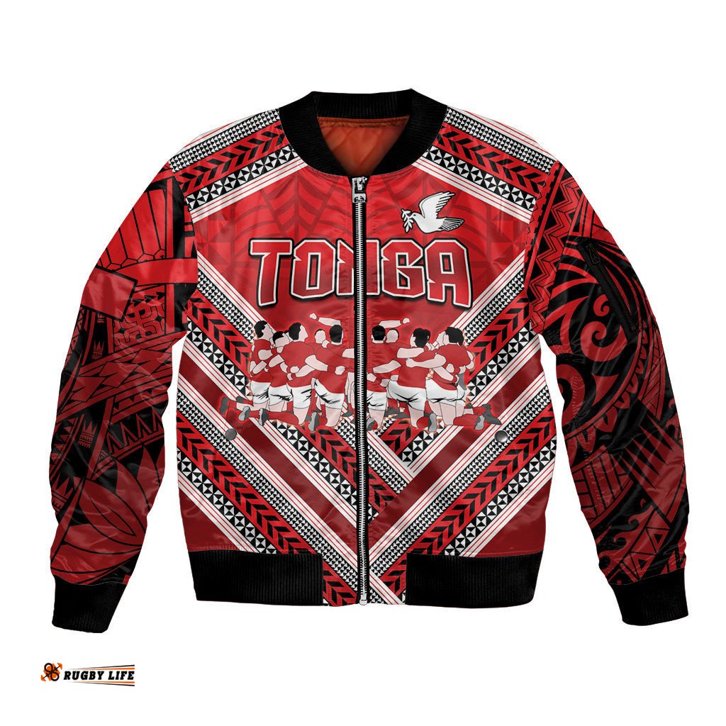 Custom Tonga Rugby Sleeve Zip Bomber Jacket Tonga Sipi Tau Ngatu Tribal Pattern
