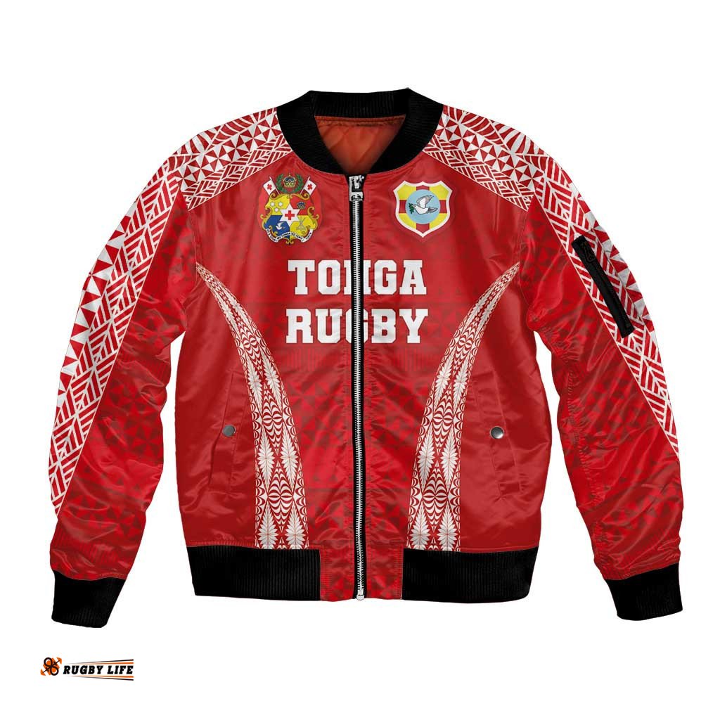 Custom Tonga Pacific Rugby 2024 Sleeve Zip Bomber Jacket Ngatu Tribal Pattern