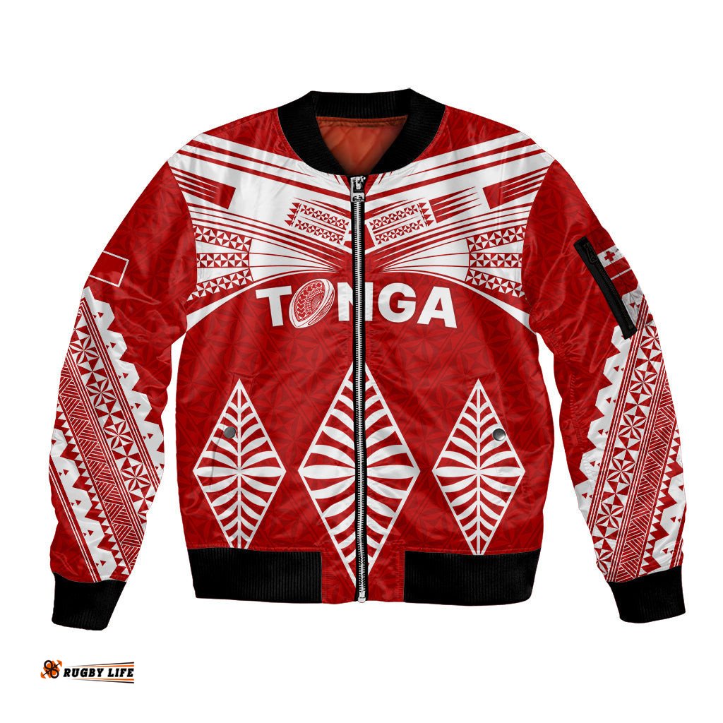 Custom Tonga Rugby Sleeve Zip Bomber Jacket Proud Tongan Ngatu Kupesi World Cup 2023 No1