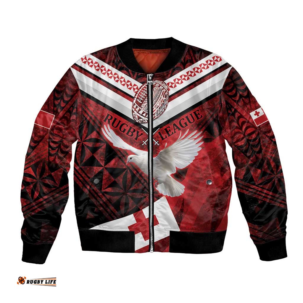 Custom Tonga XIII Rugby Tribal Tattoo Bomber Jacket Mate Ma'a Tonga Kupesi Ngatu Grunge Style