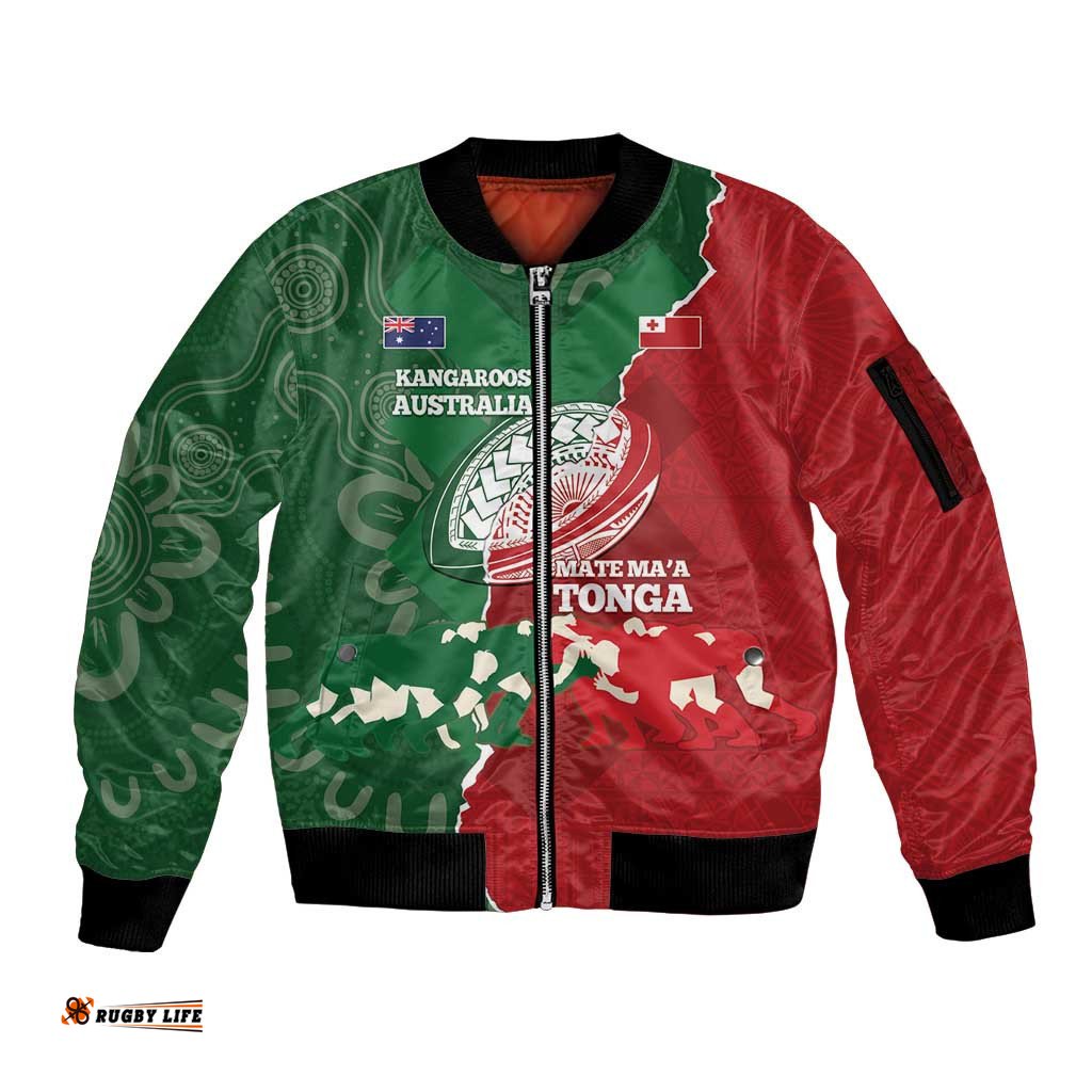 Custom Tonga And Australia Rugby Sleeve Zip Bomber Jacket Mate Maa Tongan Ngatu Mix Kangaroos Aboriginal