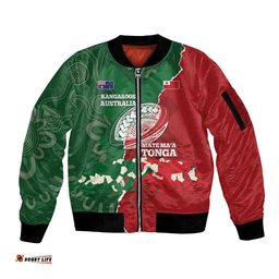 Custom Tonga And Australia Rugby Sleeve Zip Bomber Jacket Mate Maa Tongan Ngatu Mix Kangaroos Aboriginal