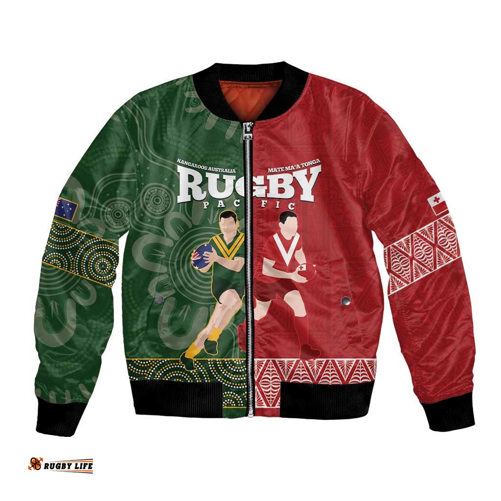 Custom Mate Maa Tonga And Kangaroo Australia Bomber Jacket Tongan Kupesi Mix Aboriginal Art