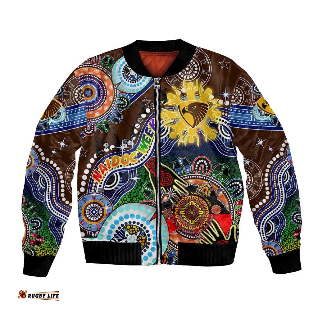 Custom NAIDOC Week 2024 Hawthorn Hawks Bomber Jacket Australia Aboriginal Dot Painting