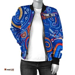 Custom Text Aboriginal Women's Bomber Jacket - Indigenous Footprint Patterns Blue Color