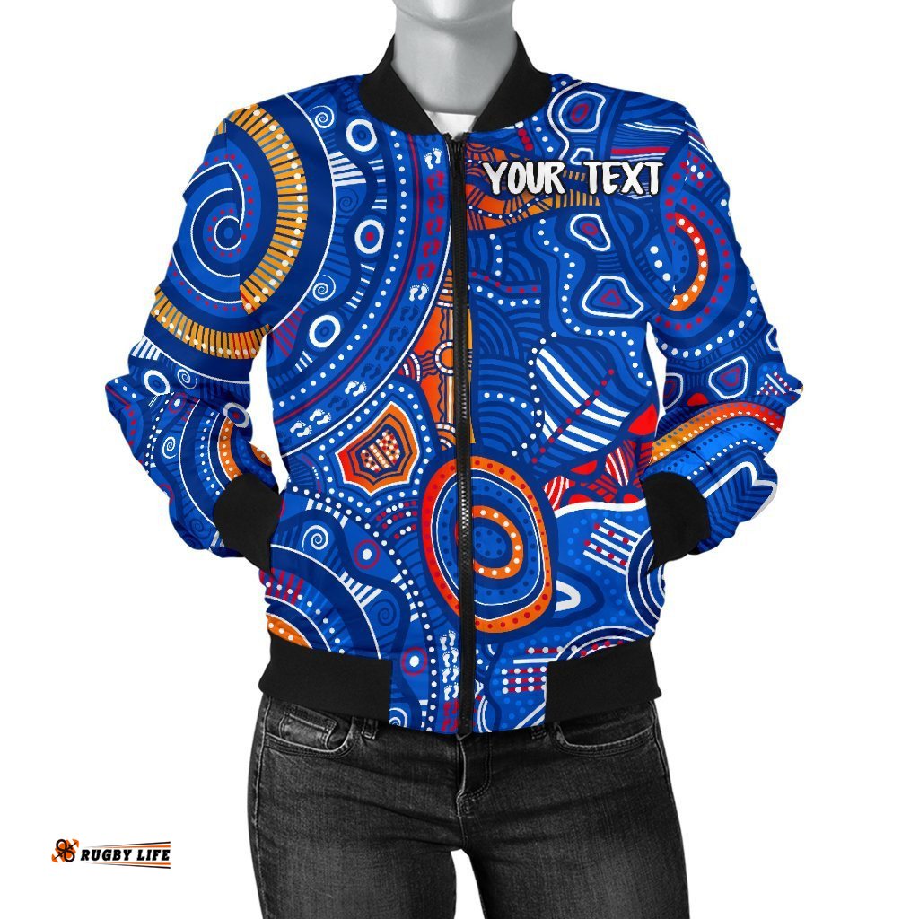 Custom Text Aboriginal Women's Bomber Jacket - Indigenous Footprint Patterns Blue Color