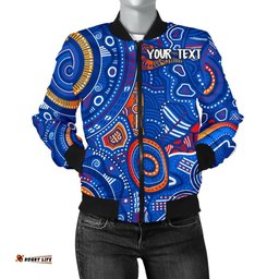 Custom Text Aboriginal Women's Bomber Jacket - Indigenous Footprint Patterns Blue Color