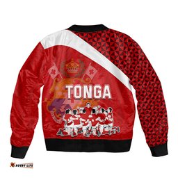Tonga Rugby Sleeve Zip Bomber Jacket Sipi Tau Dance Coat of Arms Ngatu Pattern