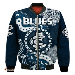 Custom Text And Number Carlton Football Bomber Jacket Blues 1864 Boomerang Indigenous Artsy