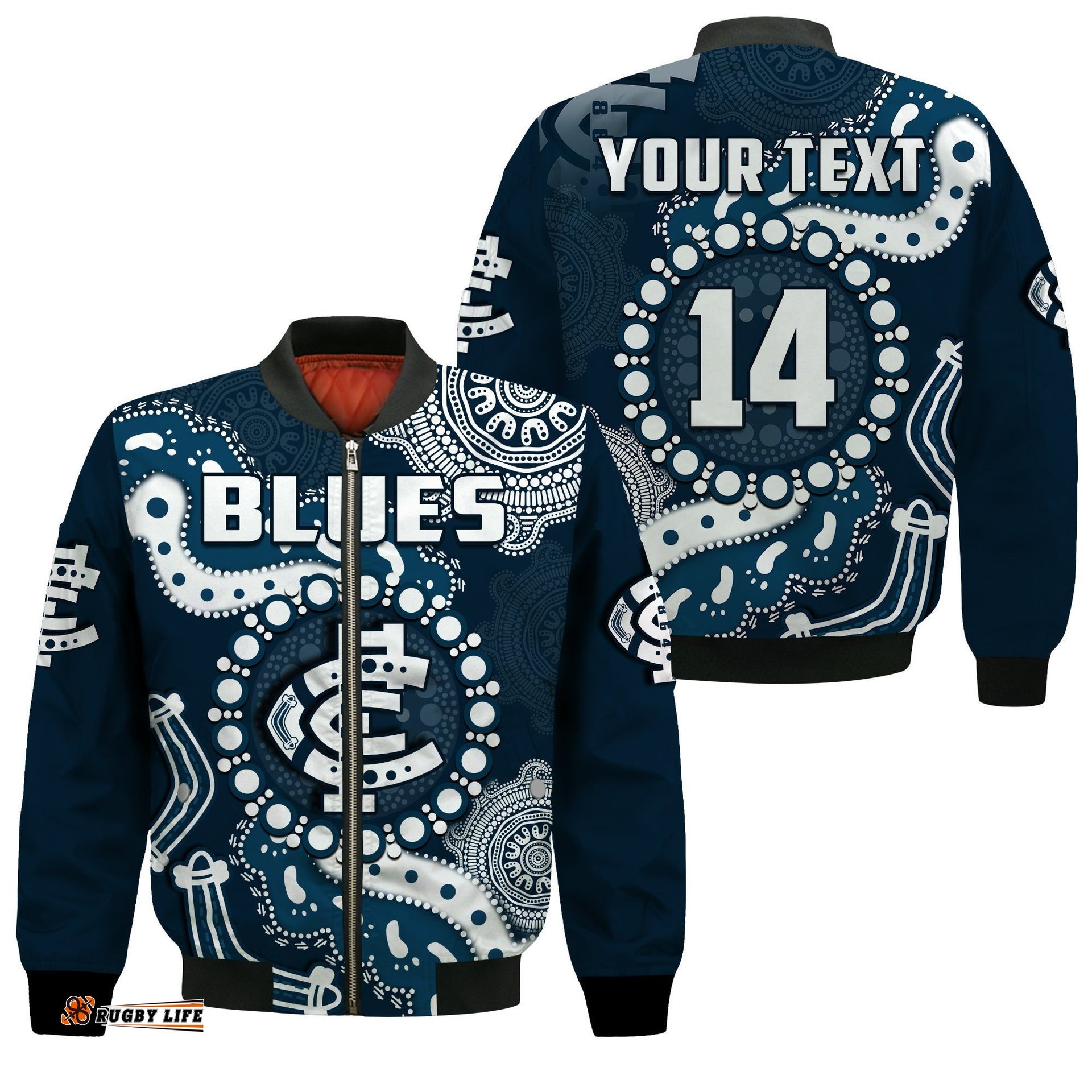 Custom Text And Number Carlton Football Bomber Jacket Blues 1864 Boomerang Indigenous Artsy