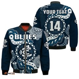 Custom Text And Number Carlton Football Bomber Jacket Blues 1864 Boomerang Indigenous Artsy
