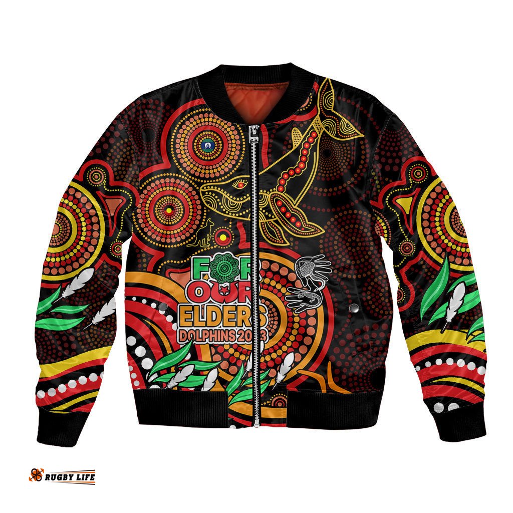 Custom Dolphins Rugby Aboriginal Art Bomber Jacket NAIDOC Indigenous Tribal