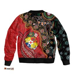 Tonga Ngatu and Australia Together Sleeve Zip Bomber Jacket Polynesian Humpback Whale and Aboriginal Kangaroo