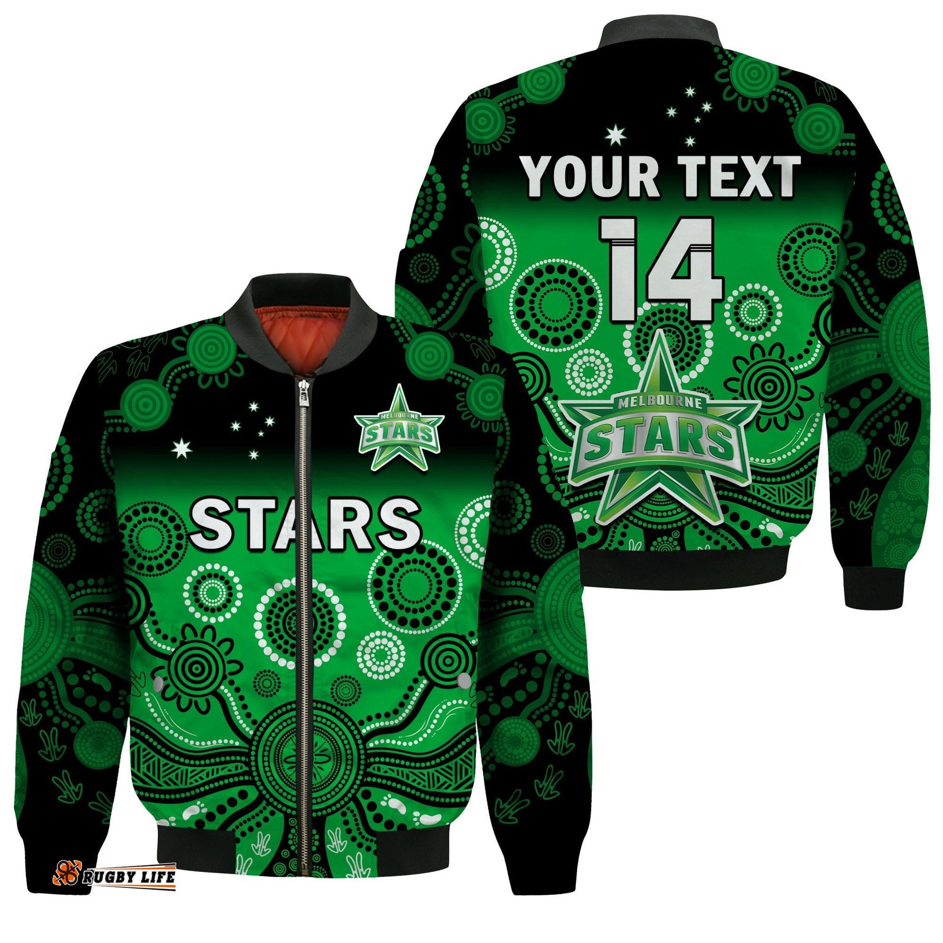 Custom Text And Number Melbourne Stars Bomber Jacket Gradient Aboriginal Dot Painting