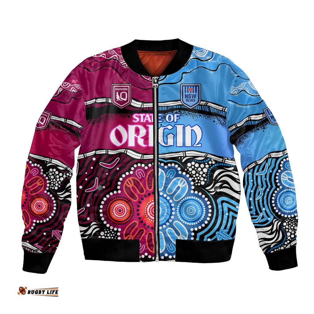 Custom Text And Number NSW Combine QLD State of Origin Bomber Jacket New South Wales and Queensland Aboriginal
