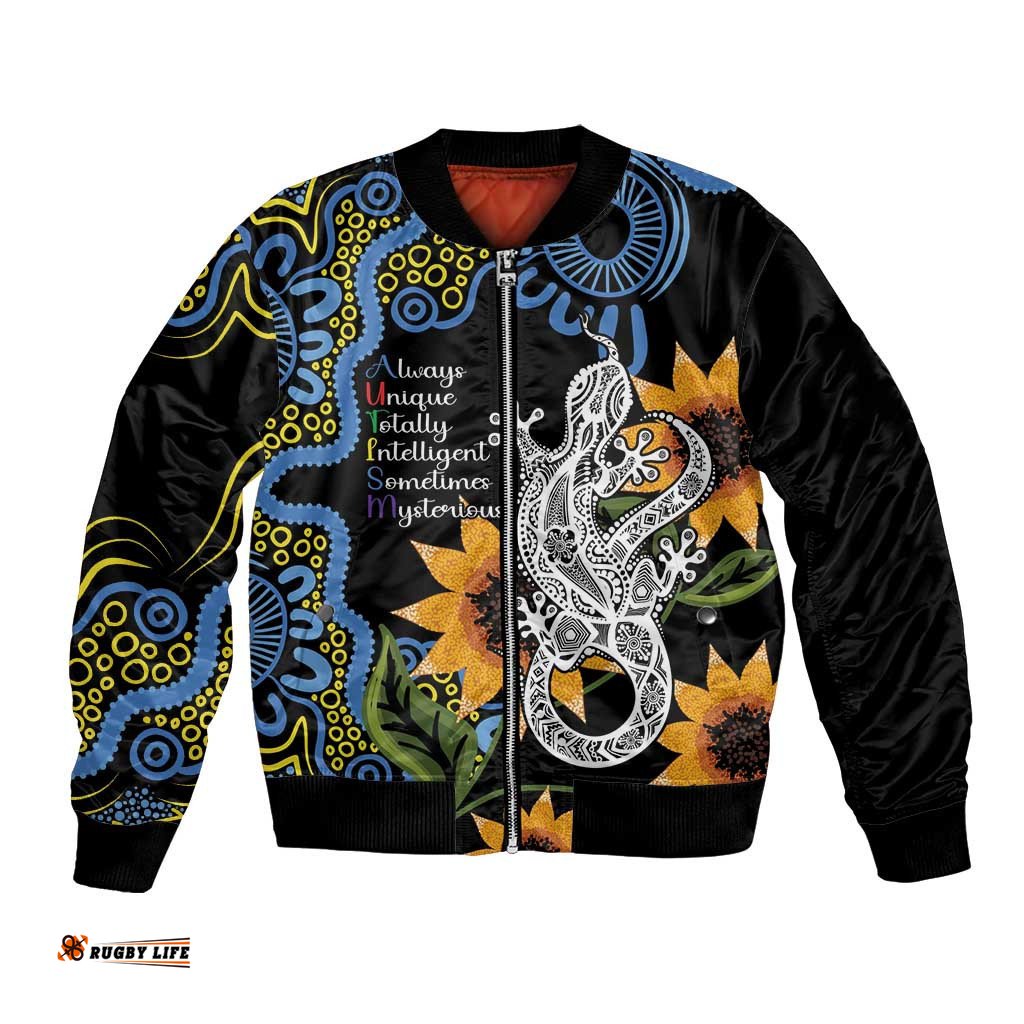 Australia Autism Awareness Bomber Jacket Brave Strong Aussie Lizard Aboriginal Art