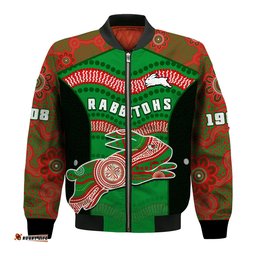 Custom Text And Number Rabbitohs Rugby Bomber Jacket Souths 1908 Aboriginal Dot Painting Go Bunnies