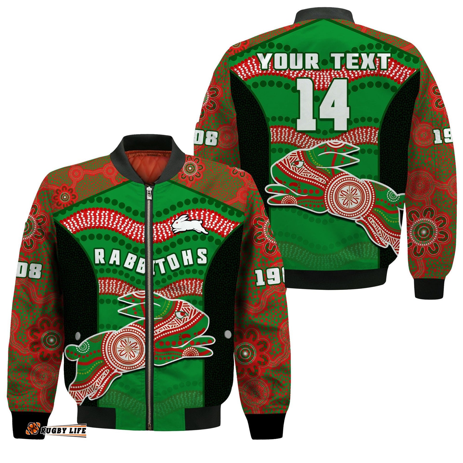 Custom Text And Number Rabbitohs Rugby Bomber Jacket Souths 1908 Aboriginal Dot Painting Go Bunnies