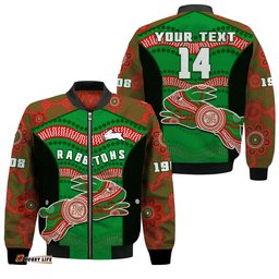 Custom Text And Number Rabbitohs Rugby Bomber Jacket Souths 1908 Aboriginal Dot Painting Go Bunnies