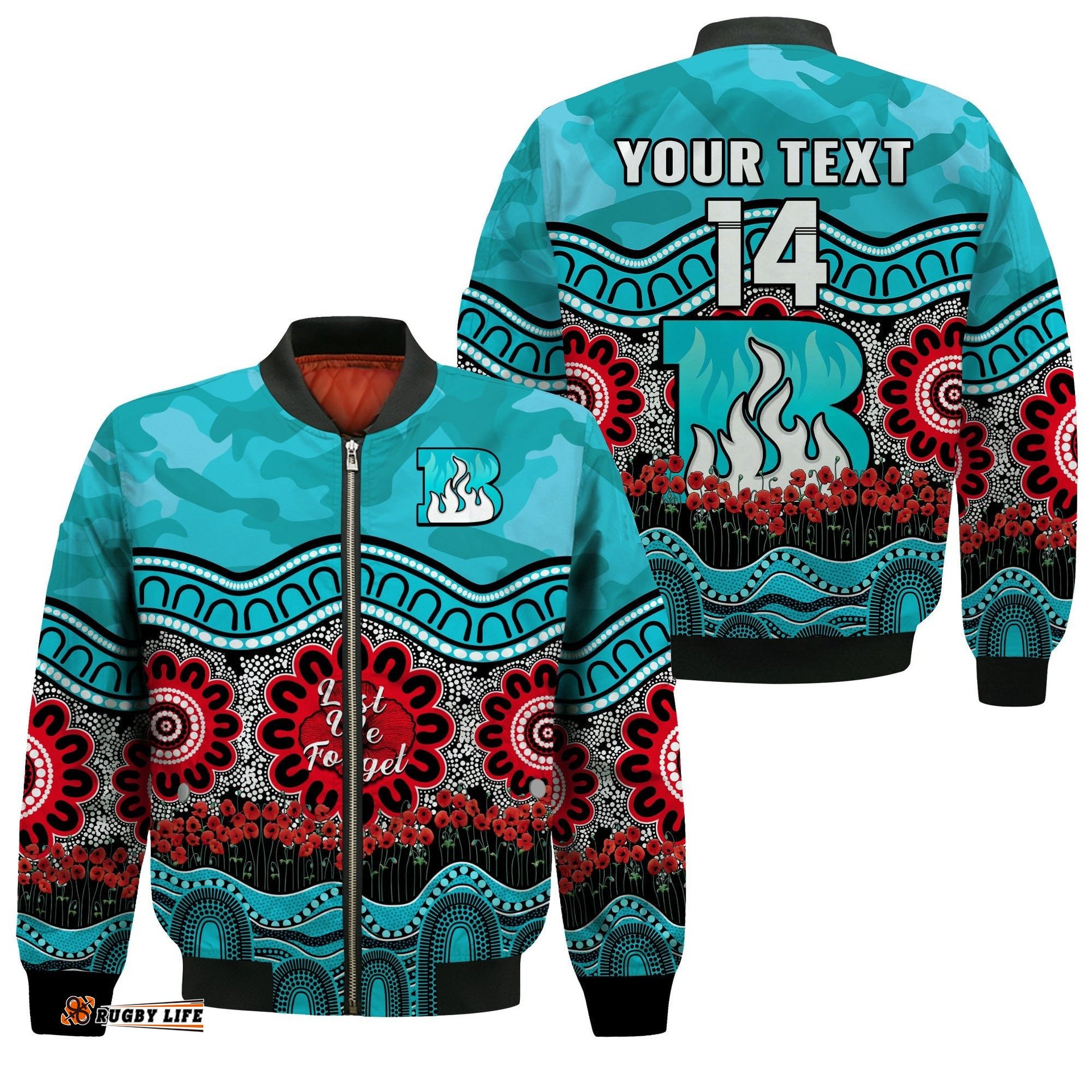 Custom Text And Number Brisbane Heat Cricket ANZAC Bomber Jacket Poppy Aboriginal Camouflage