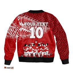 Personalised Tonga Rugby Sleeve Zip Bomber Jacket Sipi Tau Dance Ngatu Pattern