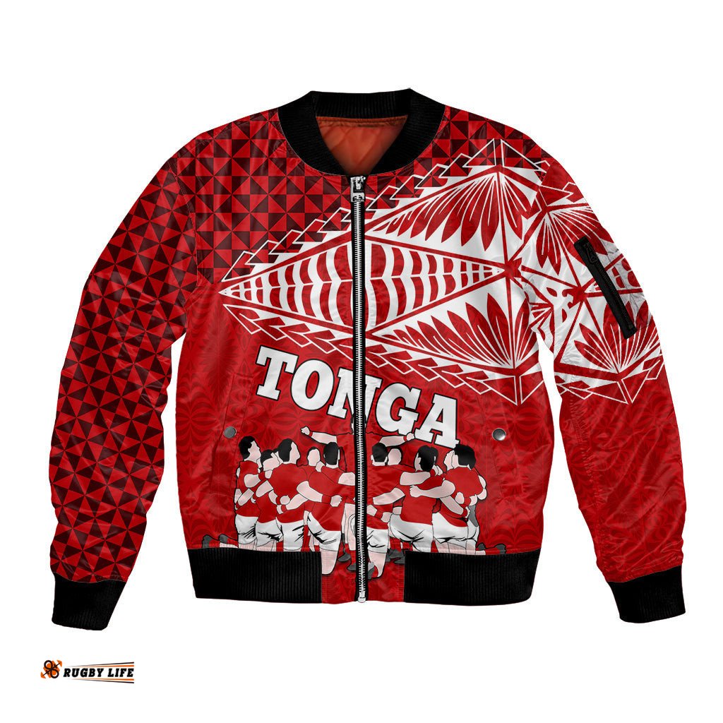 Personalised Tonga Rugby Sleeve Zip Bomber Jacket Sipi Tau Dance Ngatu Pattern