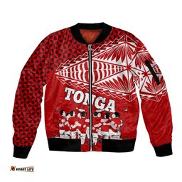 Personalised Tonga Rugby Sleeve Zip Bomber Jacket Sipi Tau Dance Ngatu Pattern