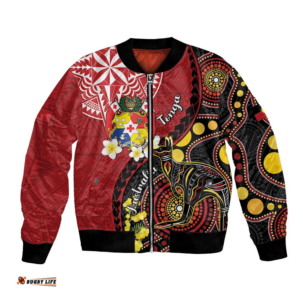 Tonga Ngatu And Australia Aboriginal Bomber Jacket Tongan Dove And Kangaroo Together