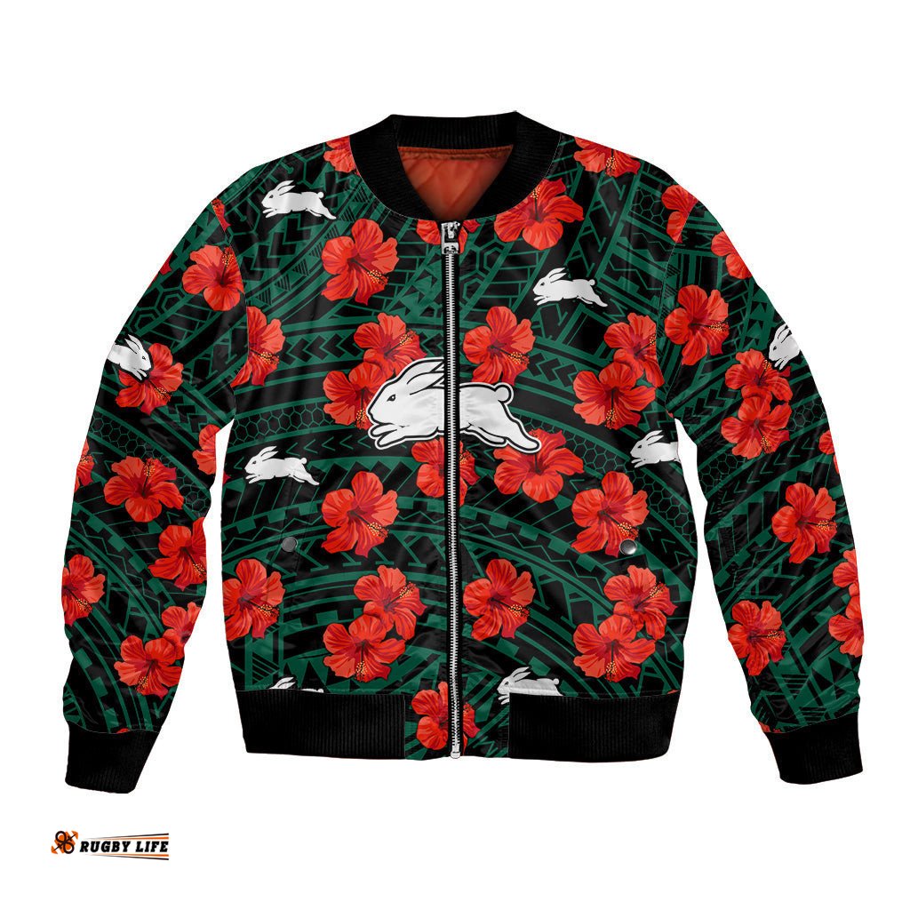 Custom Text And Number Rabbitohs Rugby Bomber Jacket Polynesian Style With Hibiscus