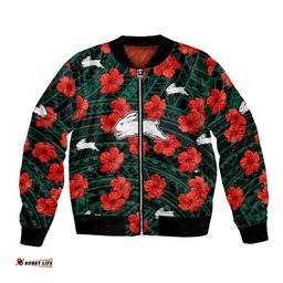 Custom Text And Number Rabbitohs Rugby Bomber Jacket Polynesian Style With Hibiscus