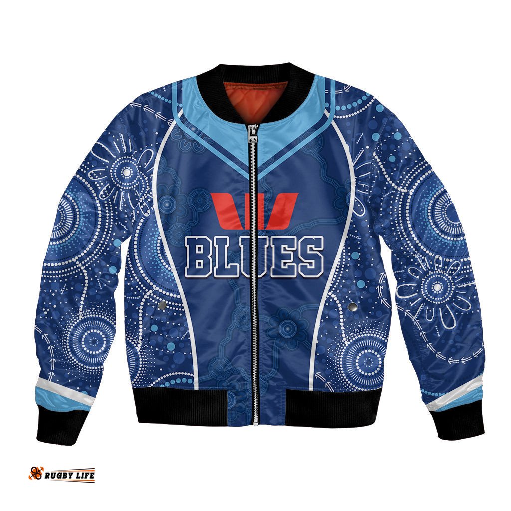 Personalised Indigenous NSW Blues Rugby Bomber Jacket State Of Origin Blue Dynamic