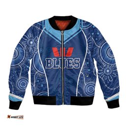 Personalised Indigenous NSW Blues Rugby Bomber Jacket State Of Origin Blue Dynamic