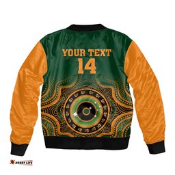 Custom Text And Number Wallabies Rugby Bomber Jacket Aussie Go Champions Indigenous Green