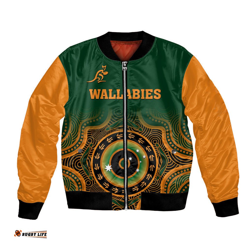 Custom Text And Number Wallabies Rugby Bomber Jacket Aussie Go Champions Indigenous Green