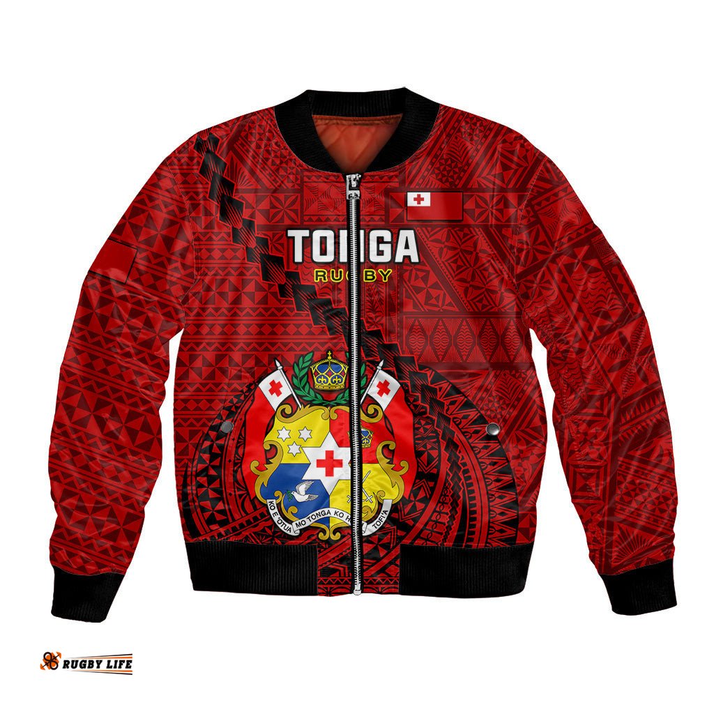Tonga Rugby Bomber Jacket Tongan Ngatu Pattern Black Version