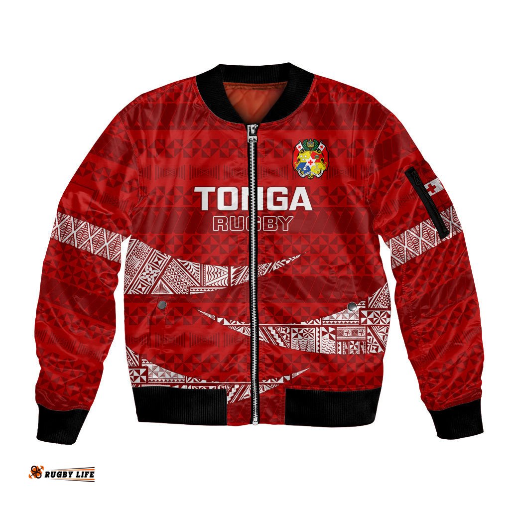 Tonga Rugby Sleeve Zip Bomber Jacket 2023 Ikale Tahi Tongan Ngatu Pattern