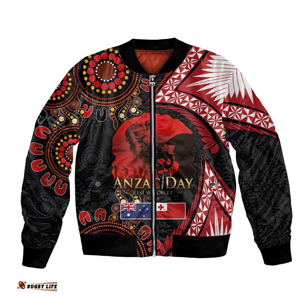 Tonga and Australia ANZAC Day Bomber Jacket Aboriginal and Ngatu Art Pattern - Gallipoli Lest We Forget