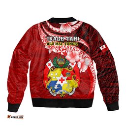 Tonga Rugby Sleeve Zip Bomber Jacket Ikale Tahi Tongan Ngatu Pattern With Dabbing Ball