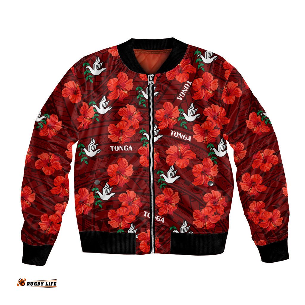Tonga Rugby Bomber Jacket Polynesian Style With Hibiscus
